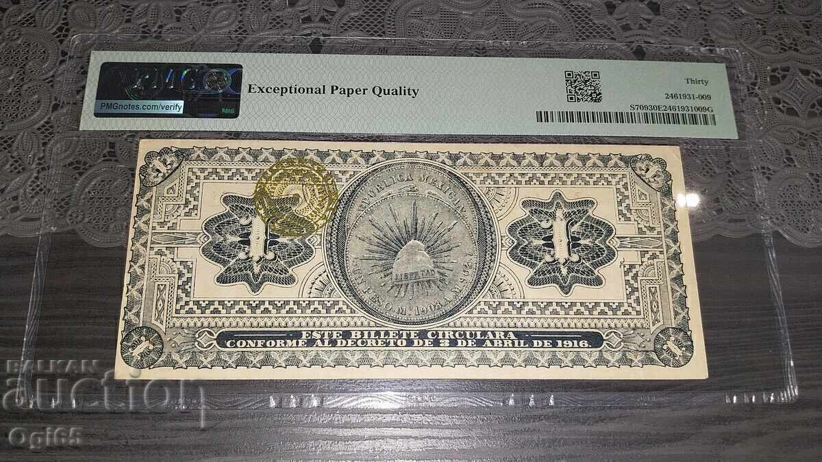 Rară bancnotă certificată din Mexic 1 Peso 1916 PMG 30 cu preț € 150.00 | 293.38 BGN
