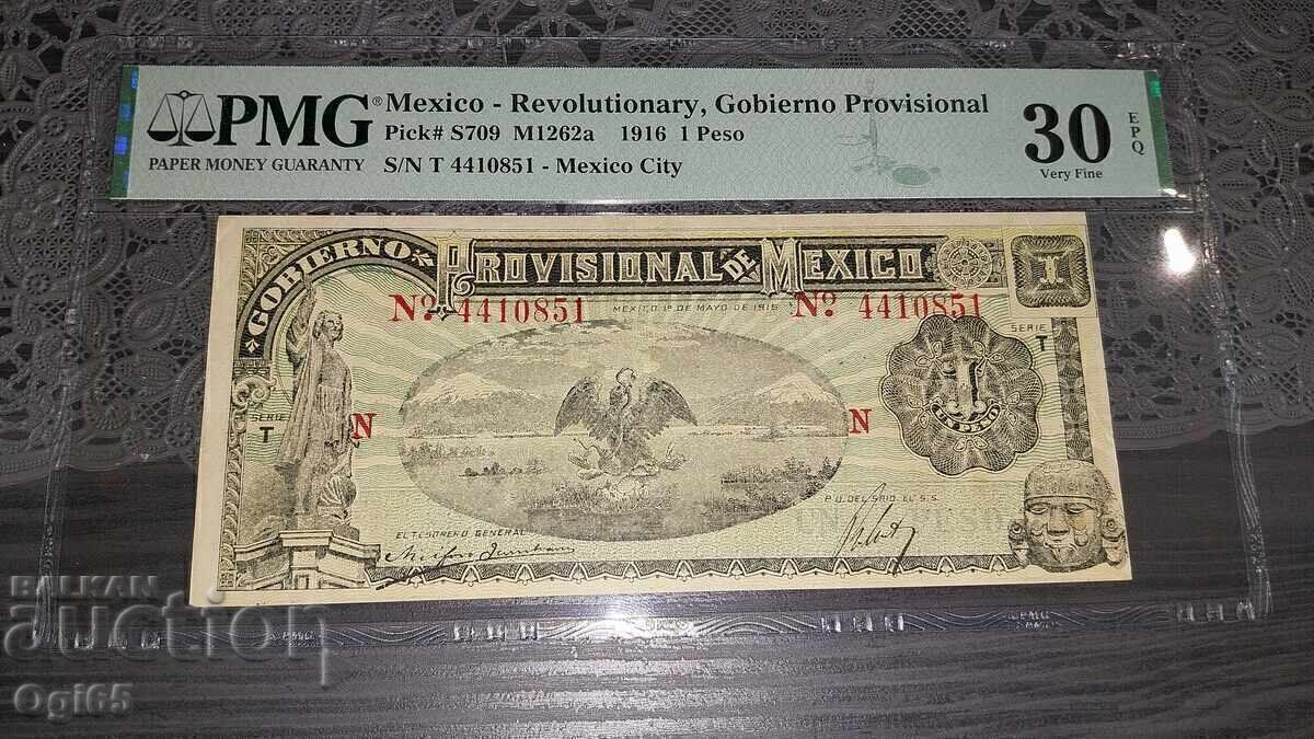 Licitație Rară bancnotă certificată din Mexic 1 Peso 1916 PMG 30