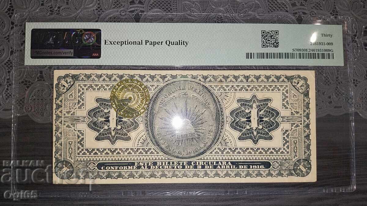 Livrarea Rară bancnotă certificată din Mexic 1 Peso 1916 PMG 30