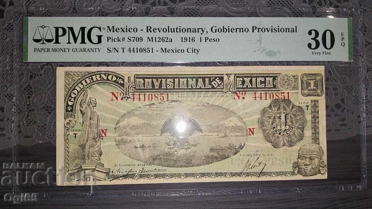 Rară bancnotă certificată din Mexic 1 Peso 1916 PMG 30