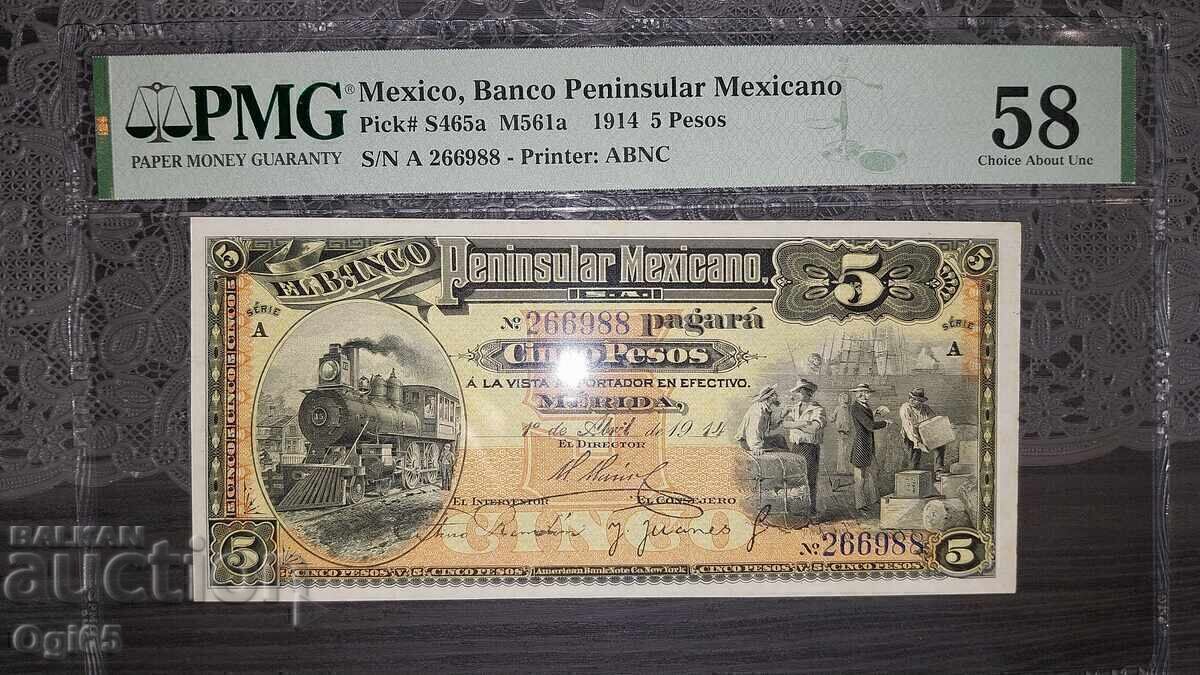Auction  Rare Certified Banknote from Mexico 5 Pesos 1914 PMG 58