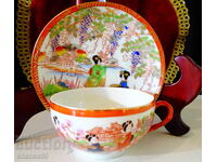 Ceașcă cu farfurie porțelan os japonez, aur, ștanță