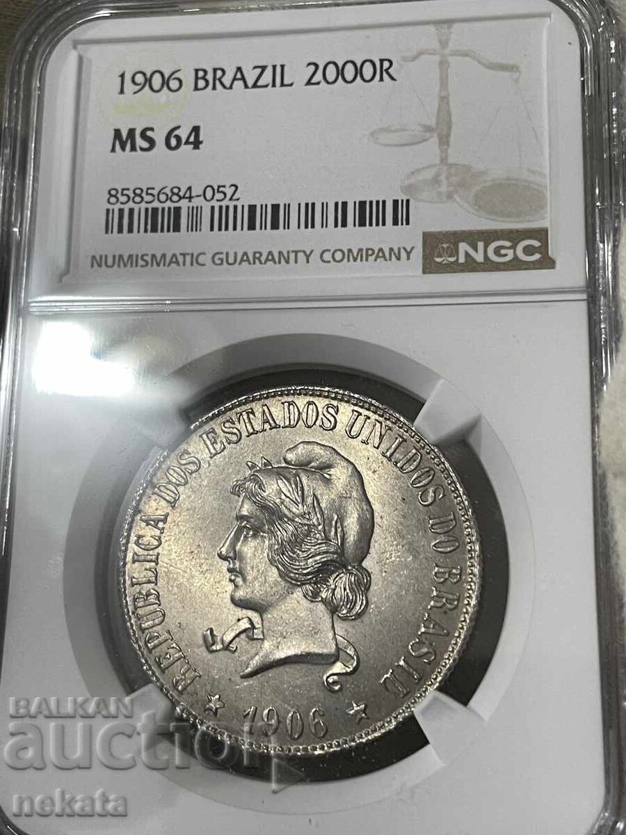 Бразилия 2000 рейса, 1906 г. MS64 NGC