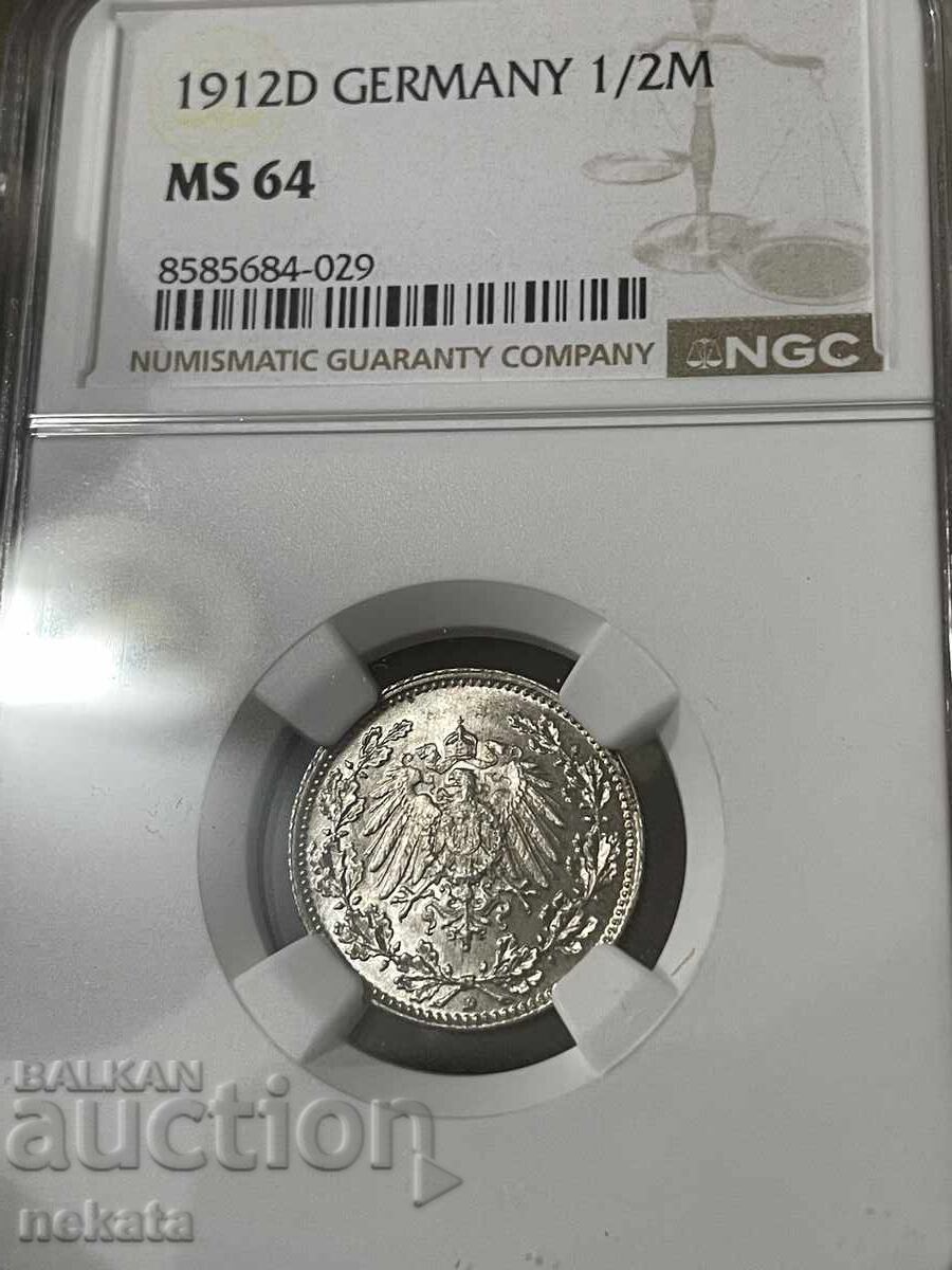Imperiul German, 1/2 marcă 1912 D - München MS64 NGC