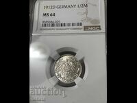 Германска империя, 1/2 марка 1912 г. D - Мюнхен MS64 NGC