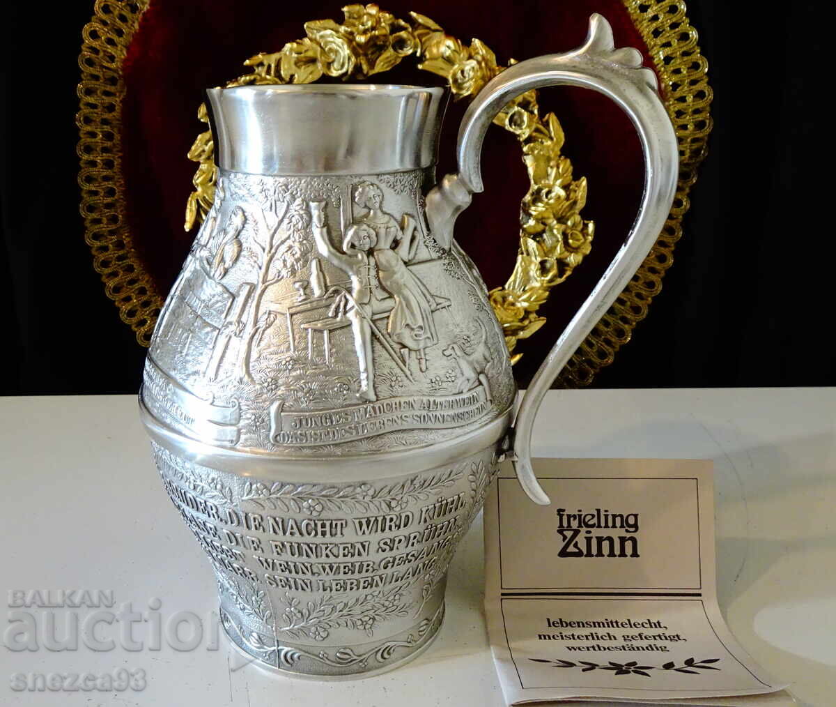 Cană de cositor pentru vin, picturi în relief, certificat