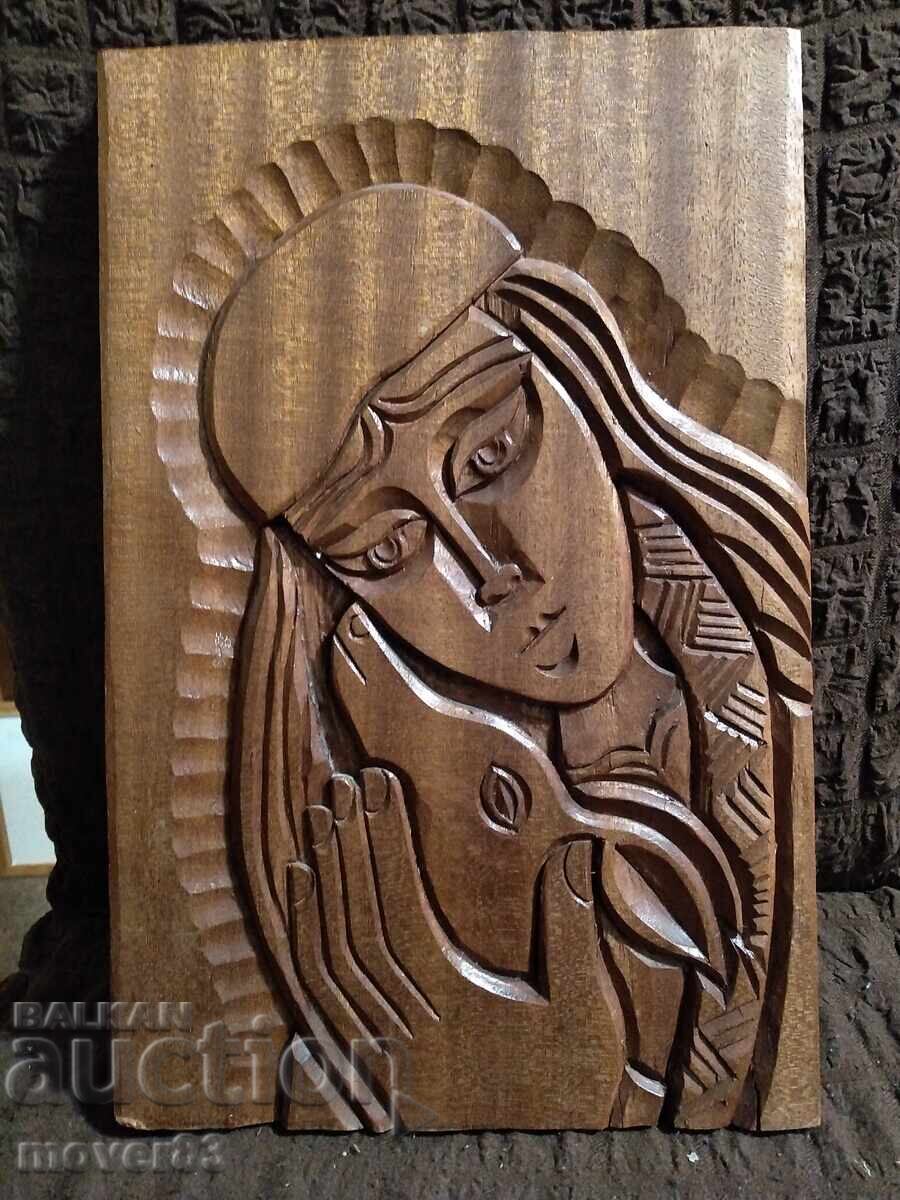 Πίνακας. Ξυλόγλυπτο. "Κορίτσι με ελάφι"