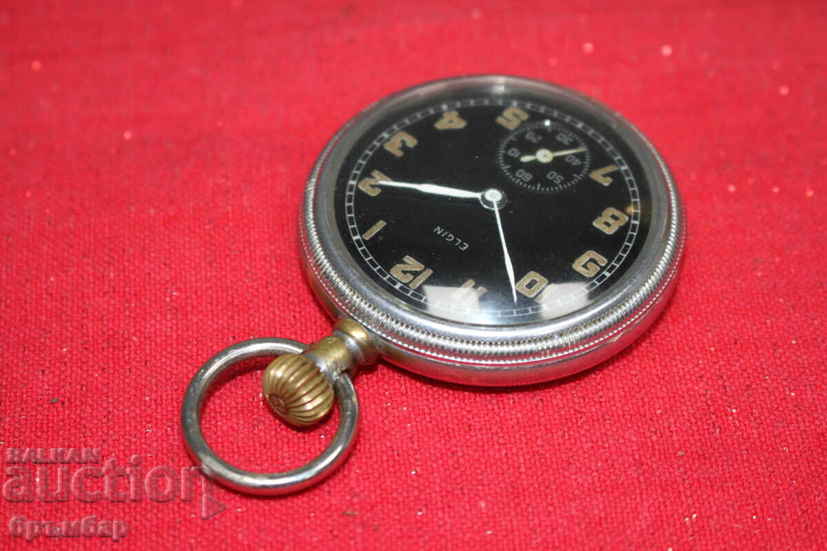 Рядък военен джобен часовник Елжин с чер циферблат. - 6