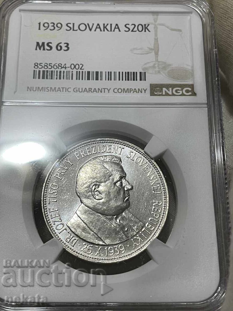 Slovacia, 20 coroane 1939 MS63 NGC Jozef Tiso cu preț € 80.00 | 156.47 BGN