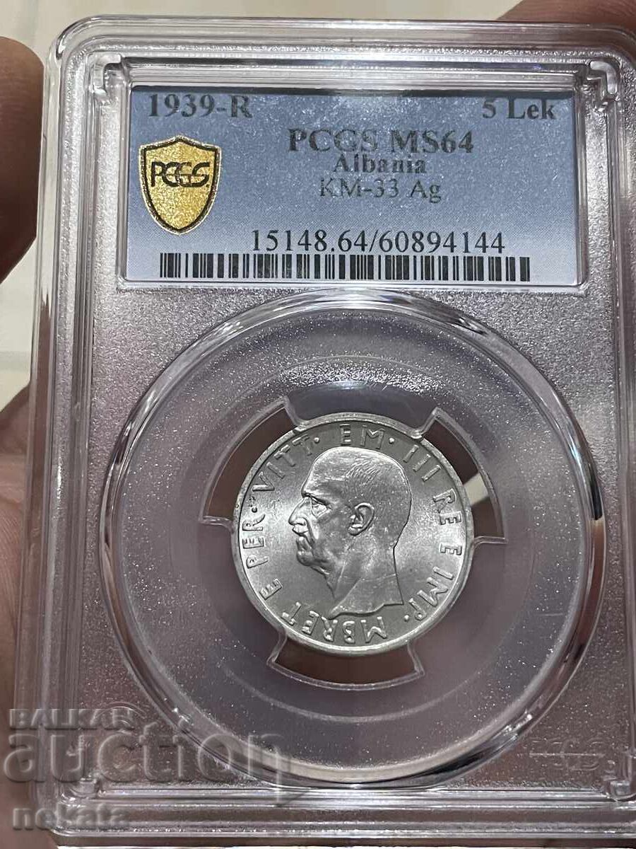 Албания, 5 Лек 1939 г. MS64 PCGS