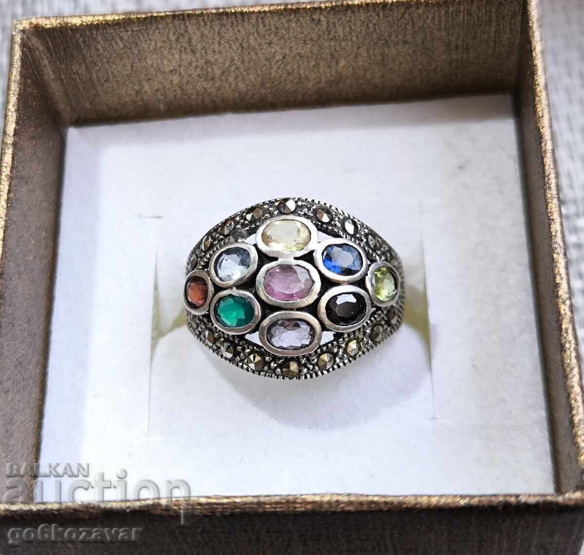 Ασημένιο δαχτυλίδι Art Deco με σμαράγδι, ρουμπίνι και ζαφείρι ! με τιμή € 108.00 | 211.23 BGN