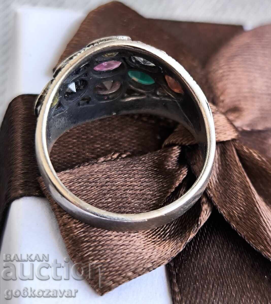 Ασημένιο δαχτυλίδι Art Deco με σμαράγδι, ρουμπίνι και ζαφείρι ! - 5