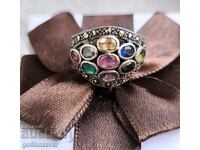 Silver Art Deco Ring with Emerald, Ruby and Sapphire!