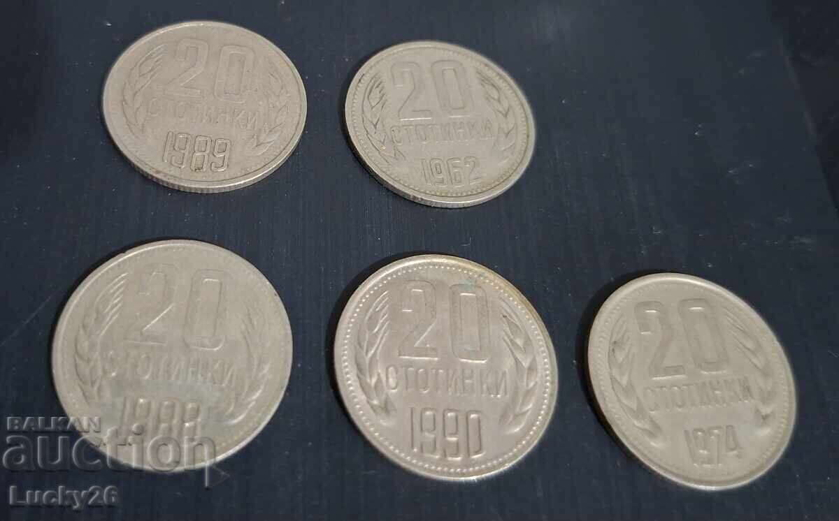 Lot de 5 x 20 de bani: 1962, '74, '88, '89, '90