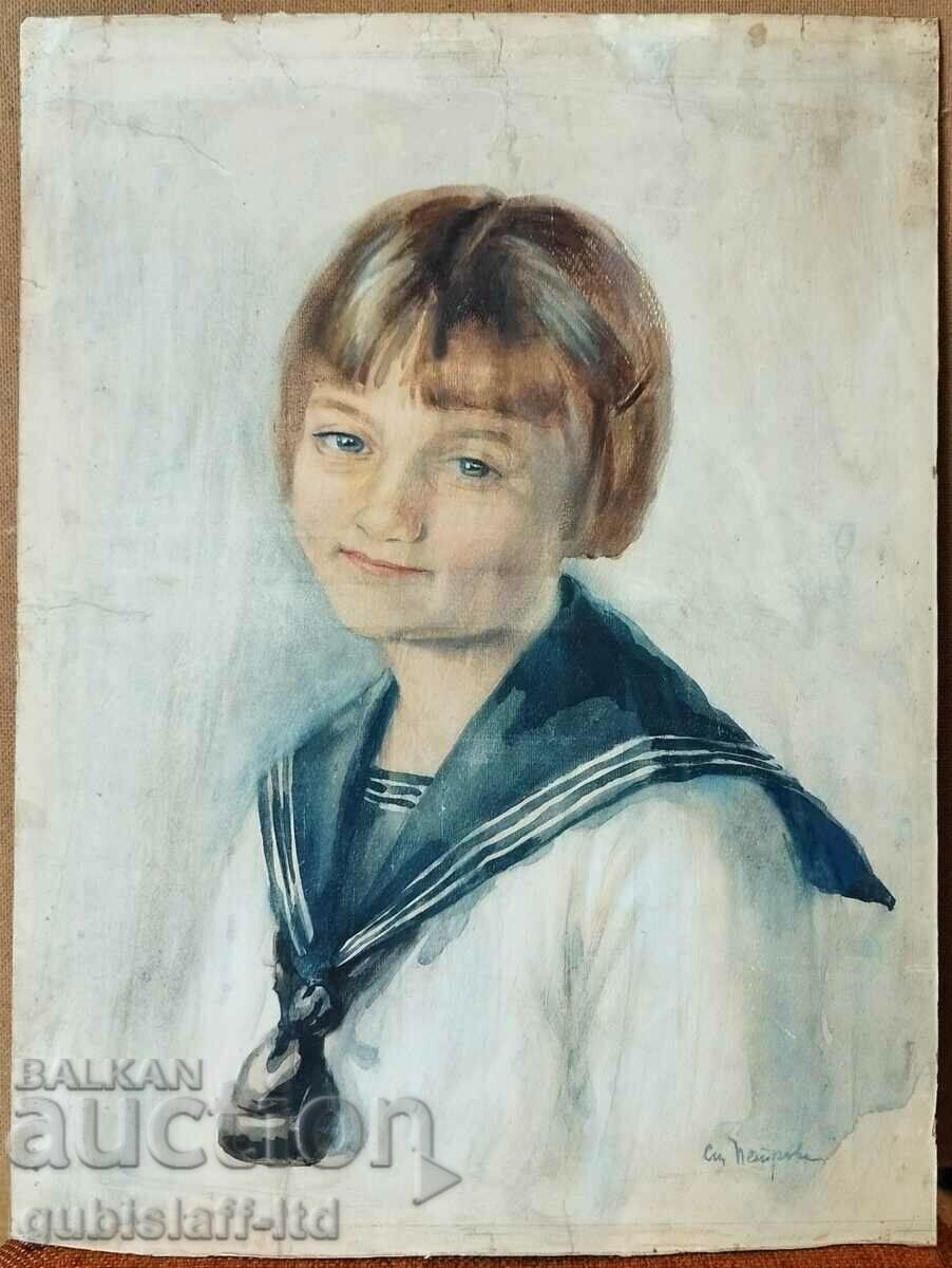 Картина "Mомиче в моряшка униформа", 1940-те г. с цена € 150.00 | 293.37 лв.