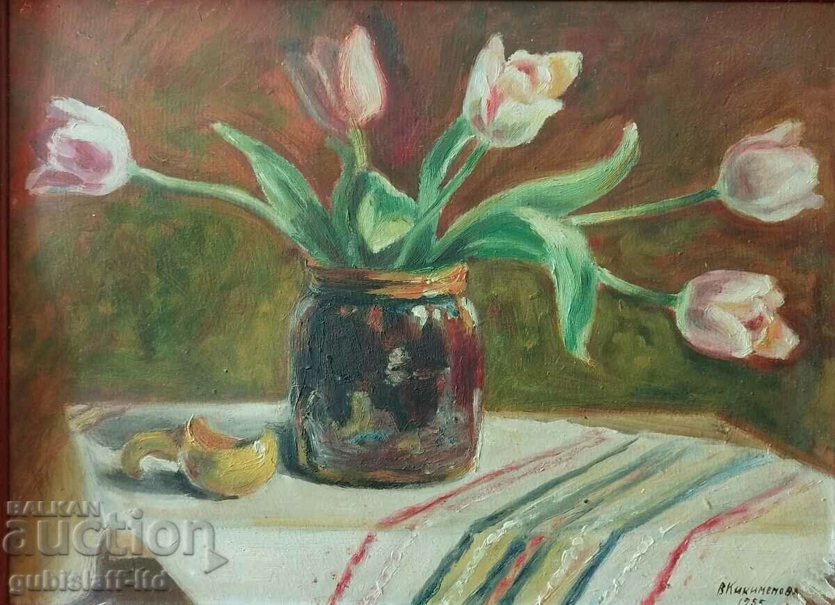 Pictură, natură moartă, lalele, 1955, art. V. Kikimenova cu preț € 150.00 | 293.37 BGN