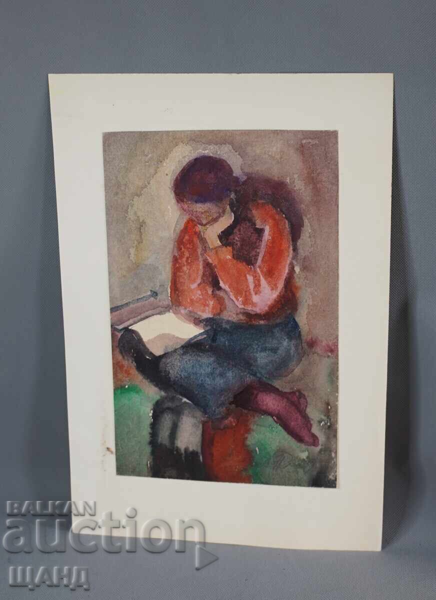 Παλιά αριστοτεχνική ζωγραφική ακουαρέλα πορτρέτο γυναίκας