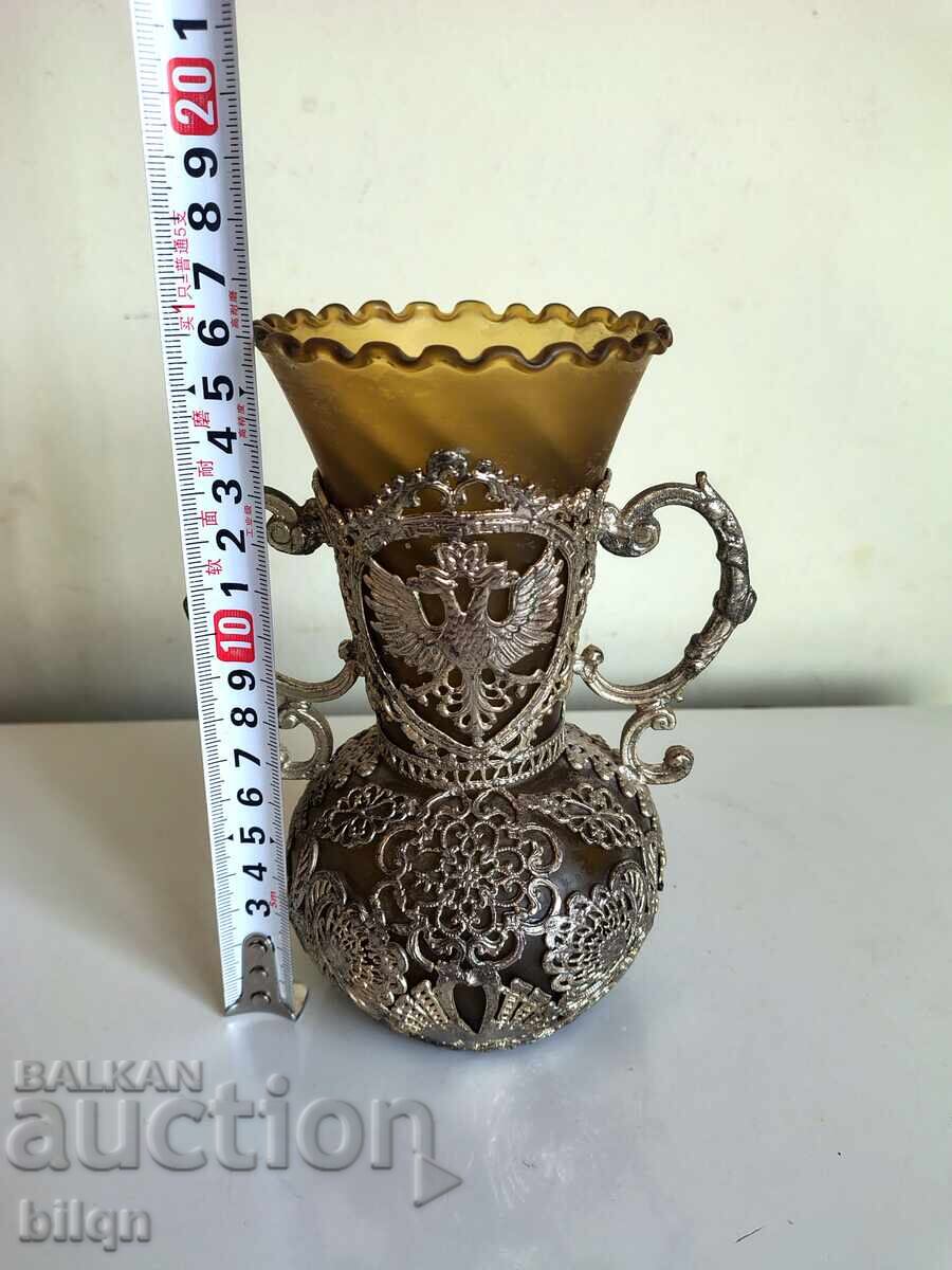 Страхотна Стара Ваза От Кехлибарено Стъкло И Филигран - 6
