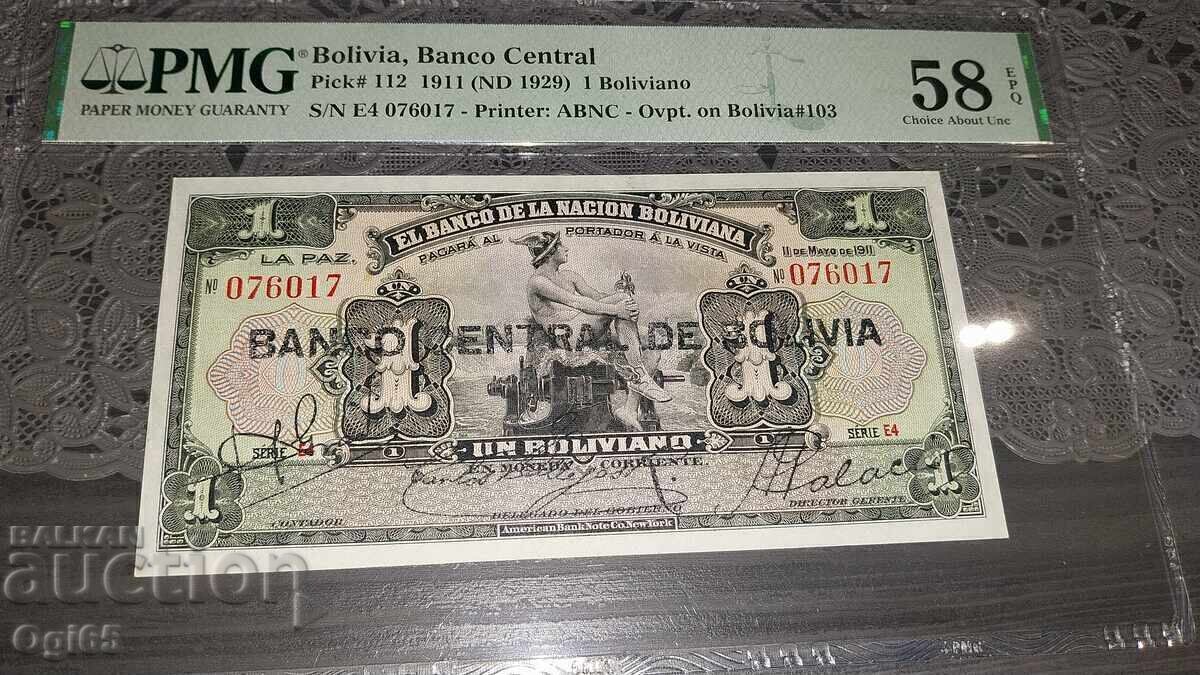 Bancnotă veche, certificată, din Bolivia, 1 Boliviano 19