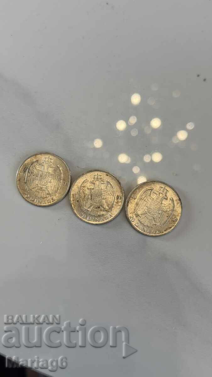 Λοτ 3 τεμαχίων 20 δηναρίων 1938 Γιουγκοσλαβίας ασήμι 27γρ. UNC σφραγίδα - 5