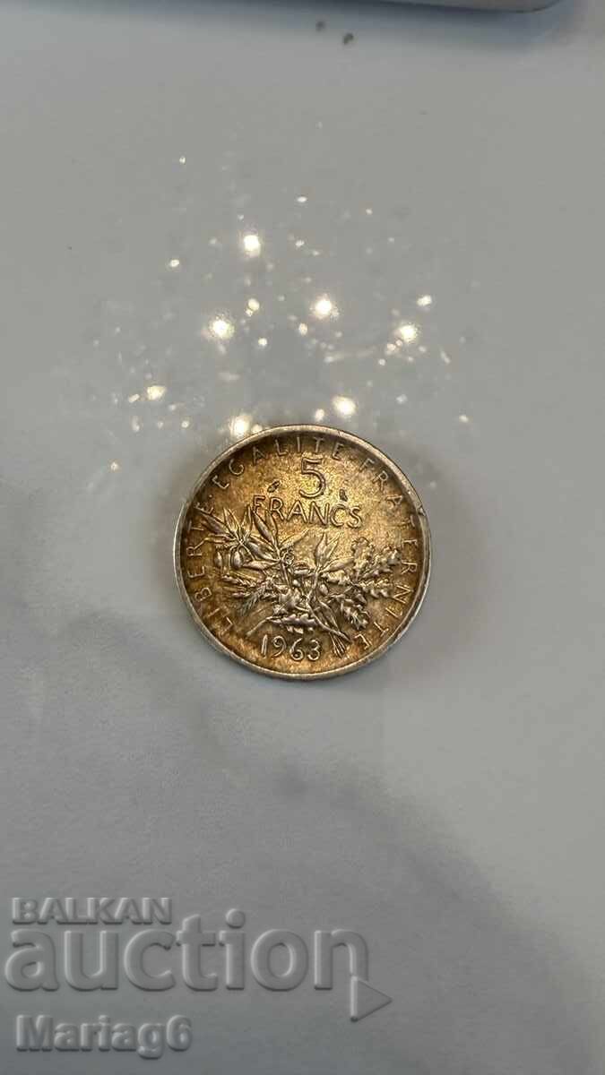 5 Franci 1963 argint 12 g proba 835 10 grame pur cu preț € 21.00 | 41.07 BGN