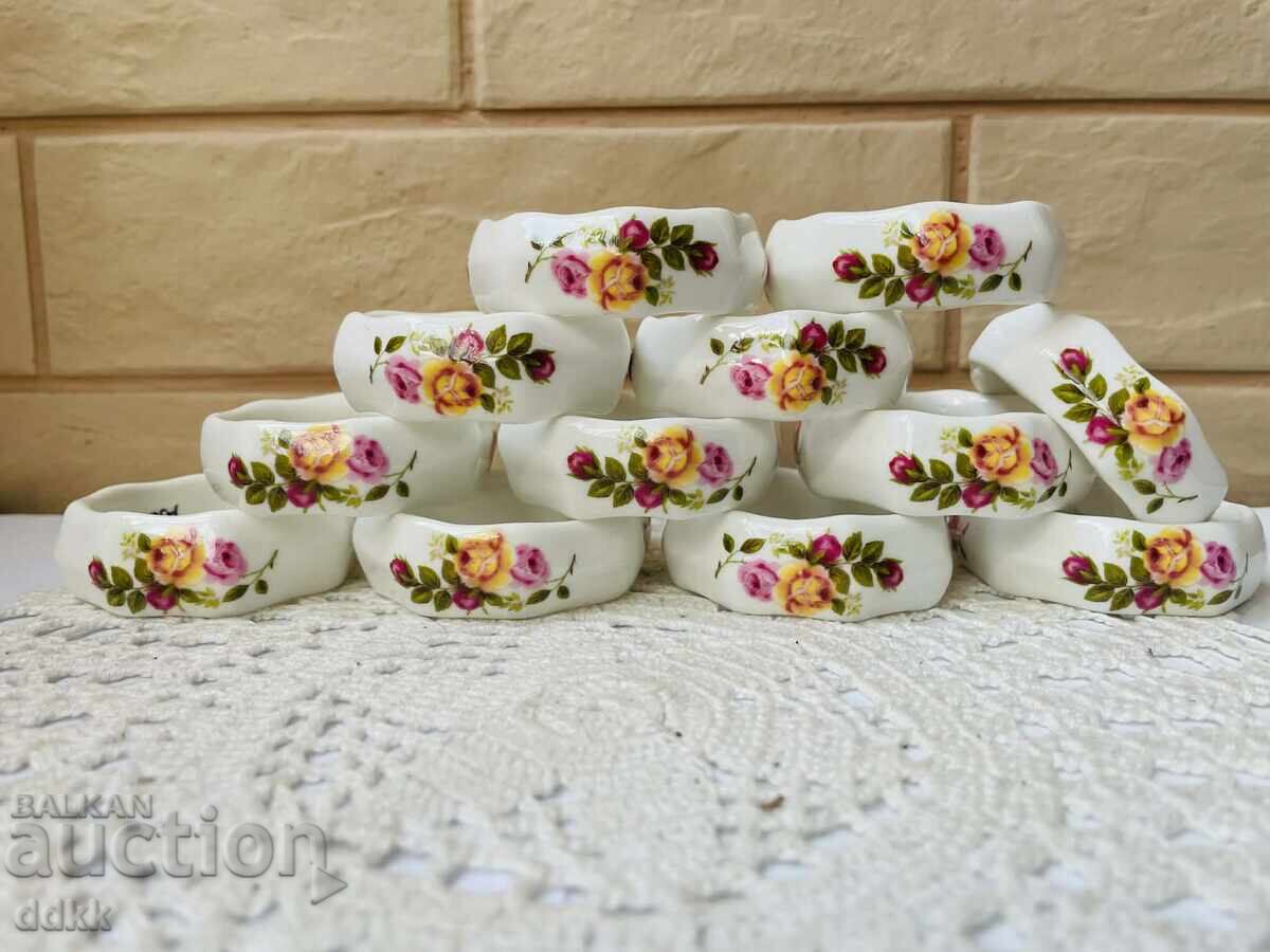 12 inele frumoase din Anglia, din porțelan de os, cu trandafiri