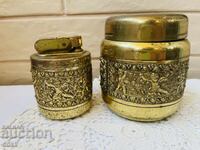 Beautiful brass set of a table lighter and a cigarette case