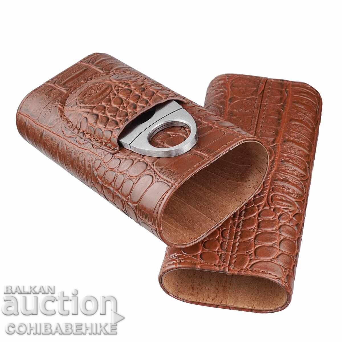 Husă de piele pentru 3 trabuce cu lemn de cedru + cutter (crocodil) cu preț € 40.00 | 78.23 BGN
