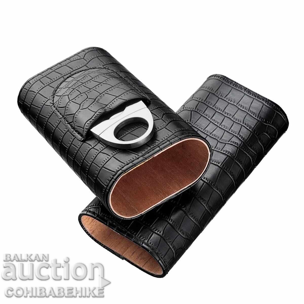 Livrarea Husă de piele pentru 3 trabuce cu lemn de cedru + cutter (crocodil)