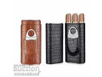 Кожен калъф за 3 пури с кедрово дърво + резачка (крокодилски