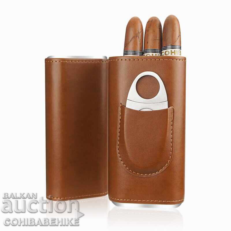 Husa de lux din piele pentru 3 trabucuri cu cutter și căptușeală de cedru Husa de lux din piele pentru 3 trabucuri cu cutter și căptușeală de cedru