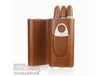 Luxury leather cigar case for 3 cigars with cutter and cedar lining