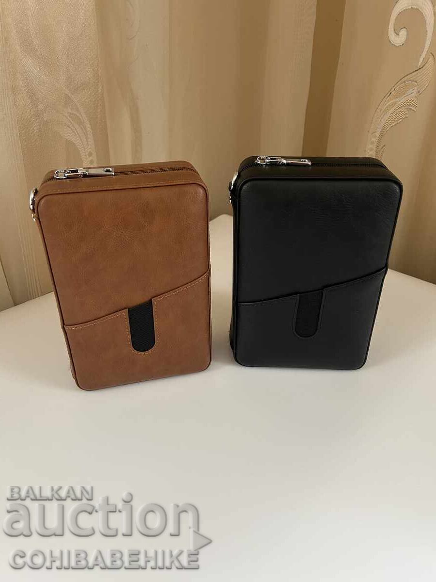 Portable natural leather humidor for 6 cigars - black/brown - 6