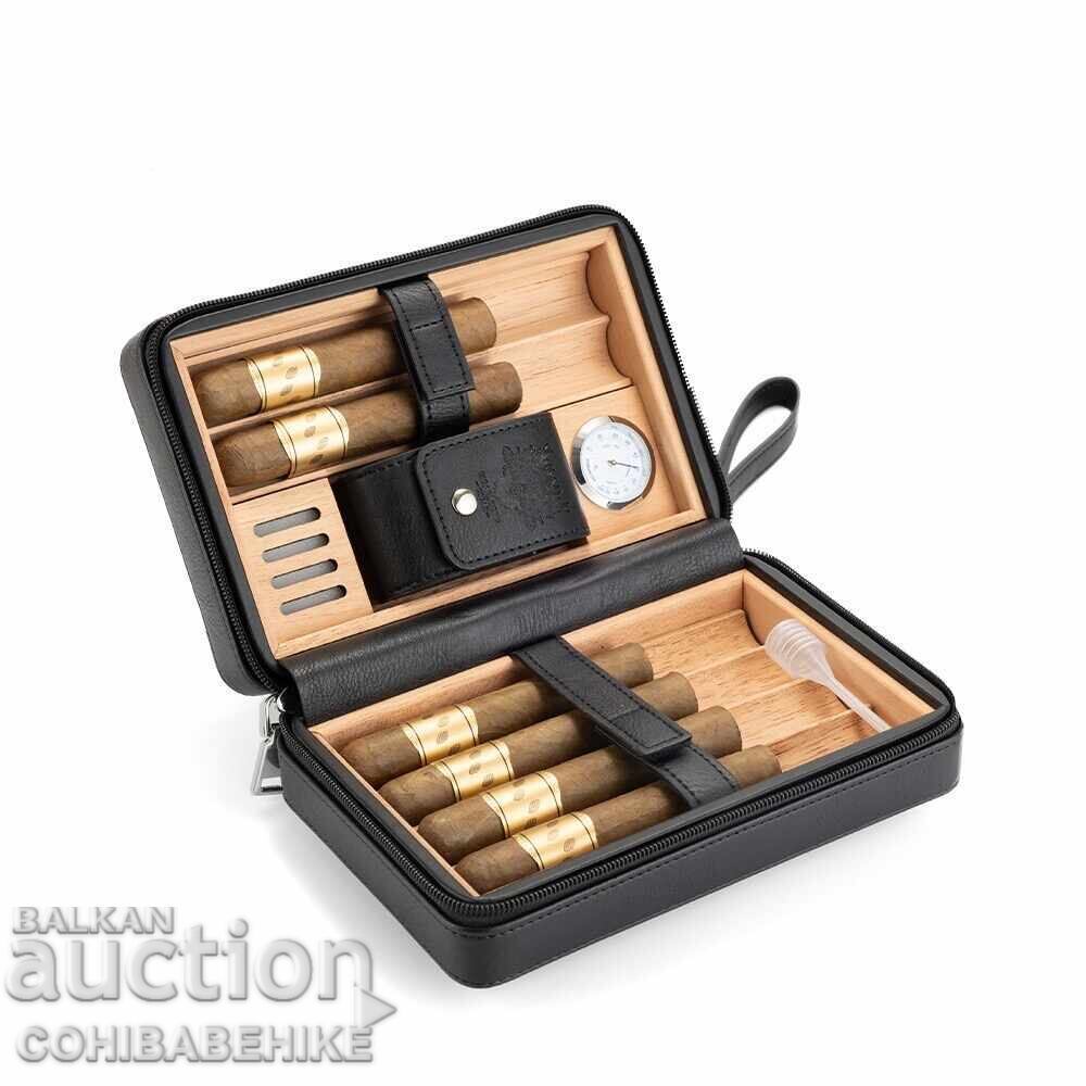 Umidificator portabil pentru 6 trabucuri – piele naturală, cedru, higrometru Umidificator portabil pentru 6 trabucuri – piele naturală, cedru, higrometru