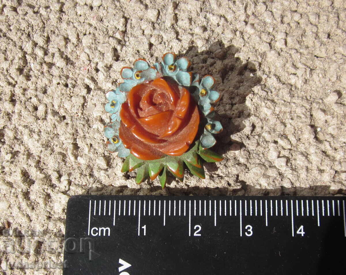 Broșă bulgărească din bachelită catalină buchet de flori trandafir - 5