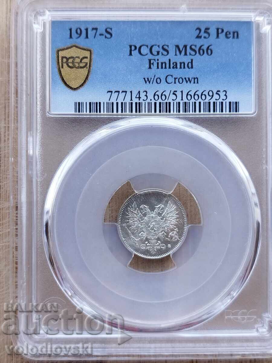 EN: 1917-S Finland 25 Pen PCGS MS66 Silver w/o Crown KM-19