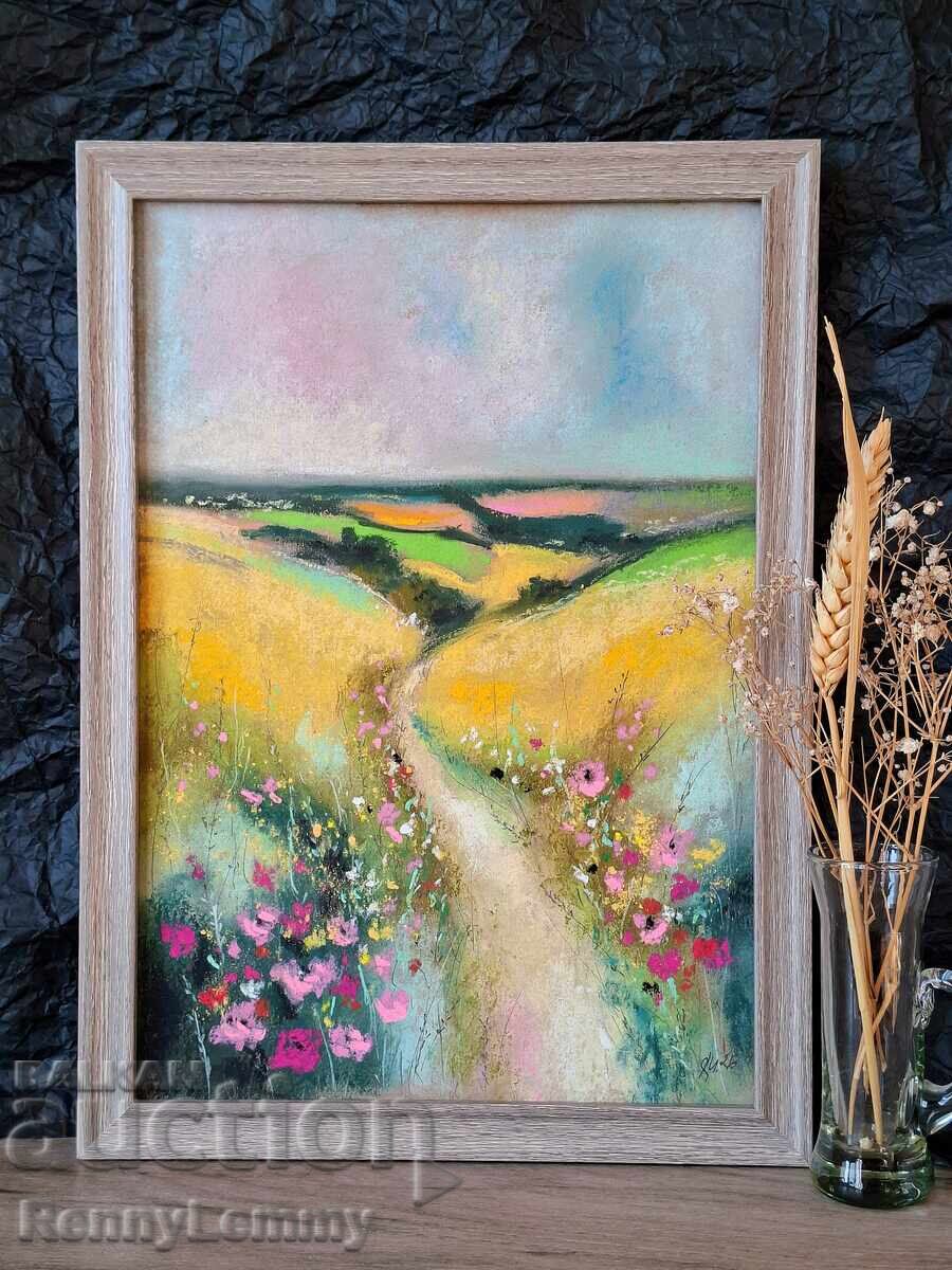 Potecă de vară, tablou pastel, original