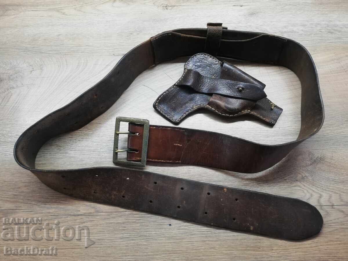 Доставка на Стар Царски Офицерски Боен Кожен Колан с Кобур,Тока Т М