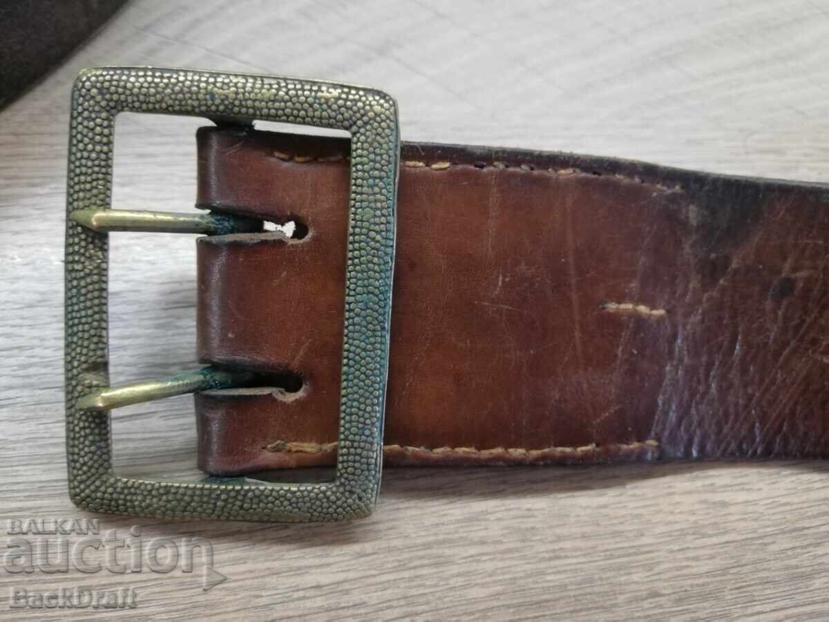 Стар Царски Офицерски Боен Кожен Колан с Кобур,Тока Т М - 5