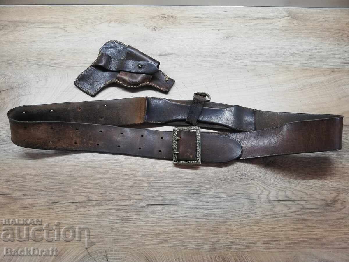 Стар Царски Офицерски Боен Кожен Колан с Кобур,Тока Т М