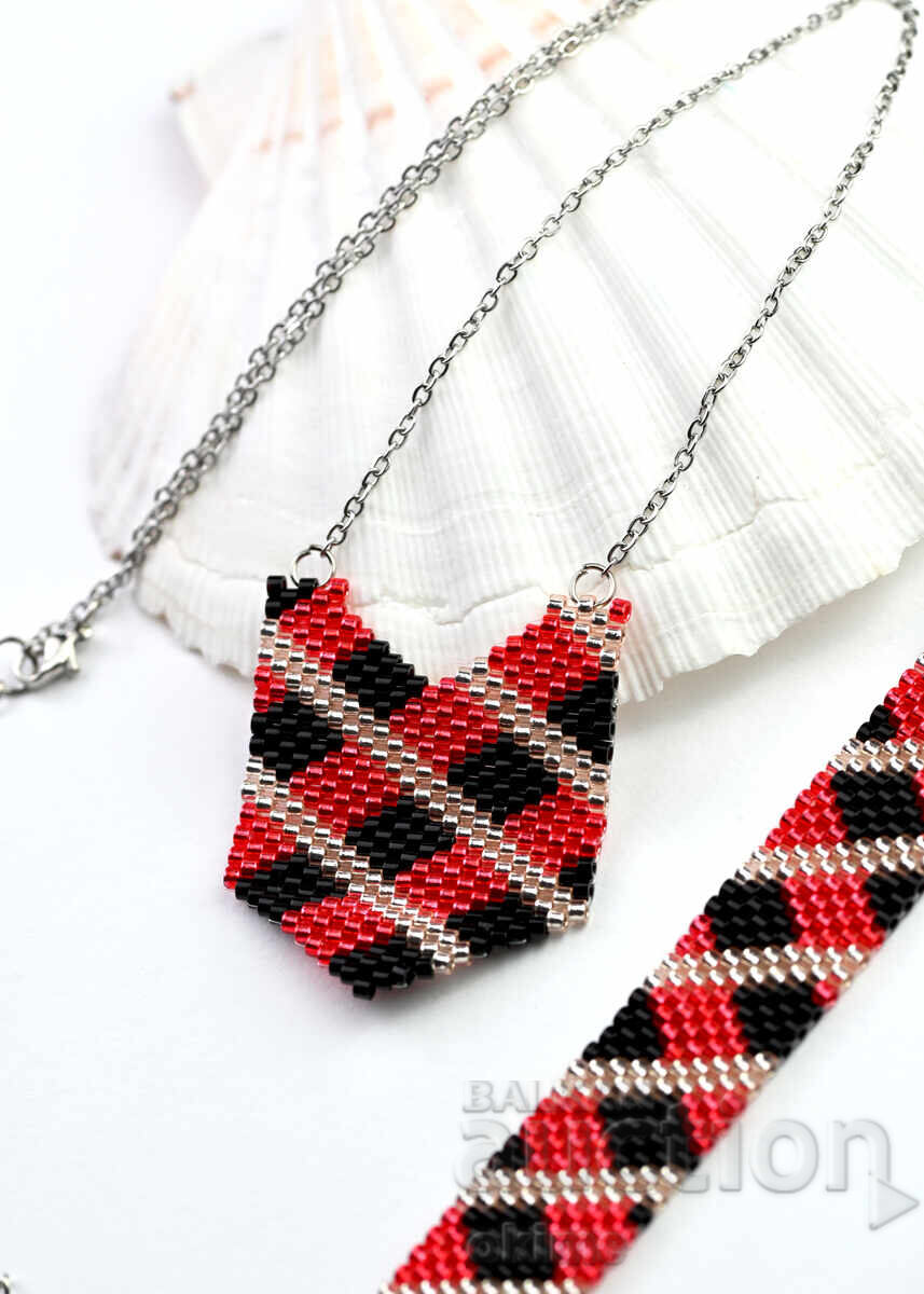 Set brățară și colier în negru și roșu - 6