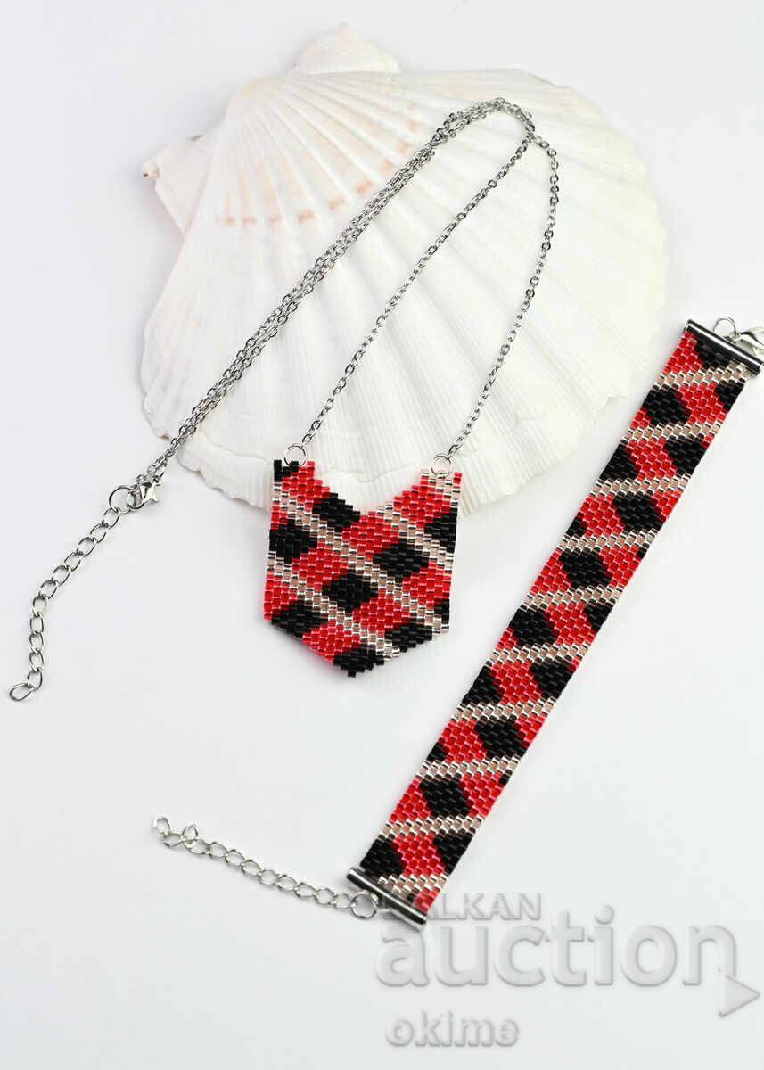 Set brățară și colier în negru și roșu - 7