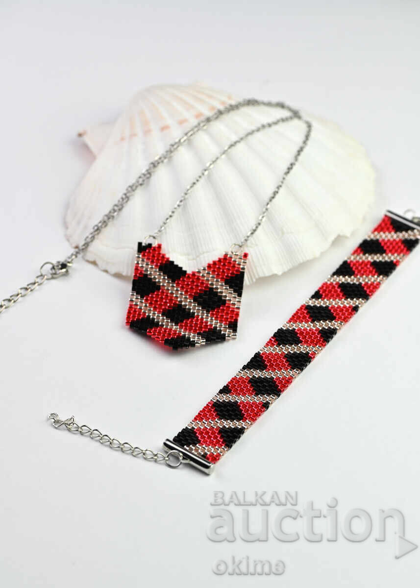 Set brățară și colier în negru și roșu