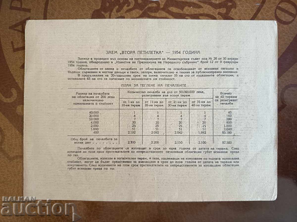 Licitație Titlul VI obligațiune 7 Al doilea împrumut pe cinci ani 1954 40 leva