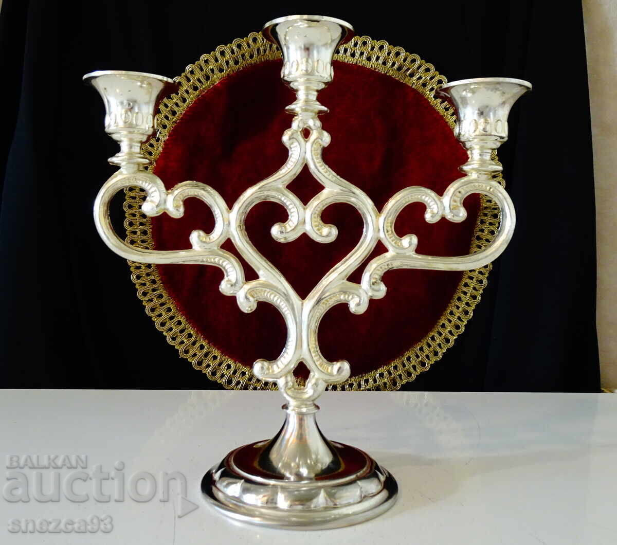 Silver-plated triple candlestick, triple, heart, Art Nouveau