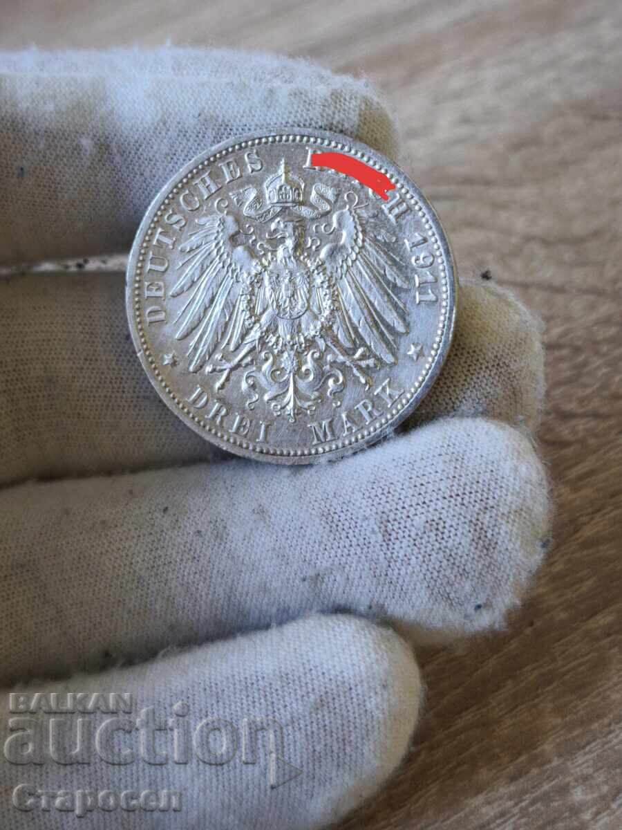 3 μάρκα 1911 έτος "F" Γερμανία - "Βυρτεμβέργη" με τιμή € 80.00 | 156.47 BGN