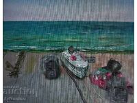 Pictură în ulei - Peisaj marin - Plajă de pescari. Krapec - A. Yordanov