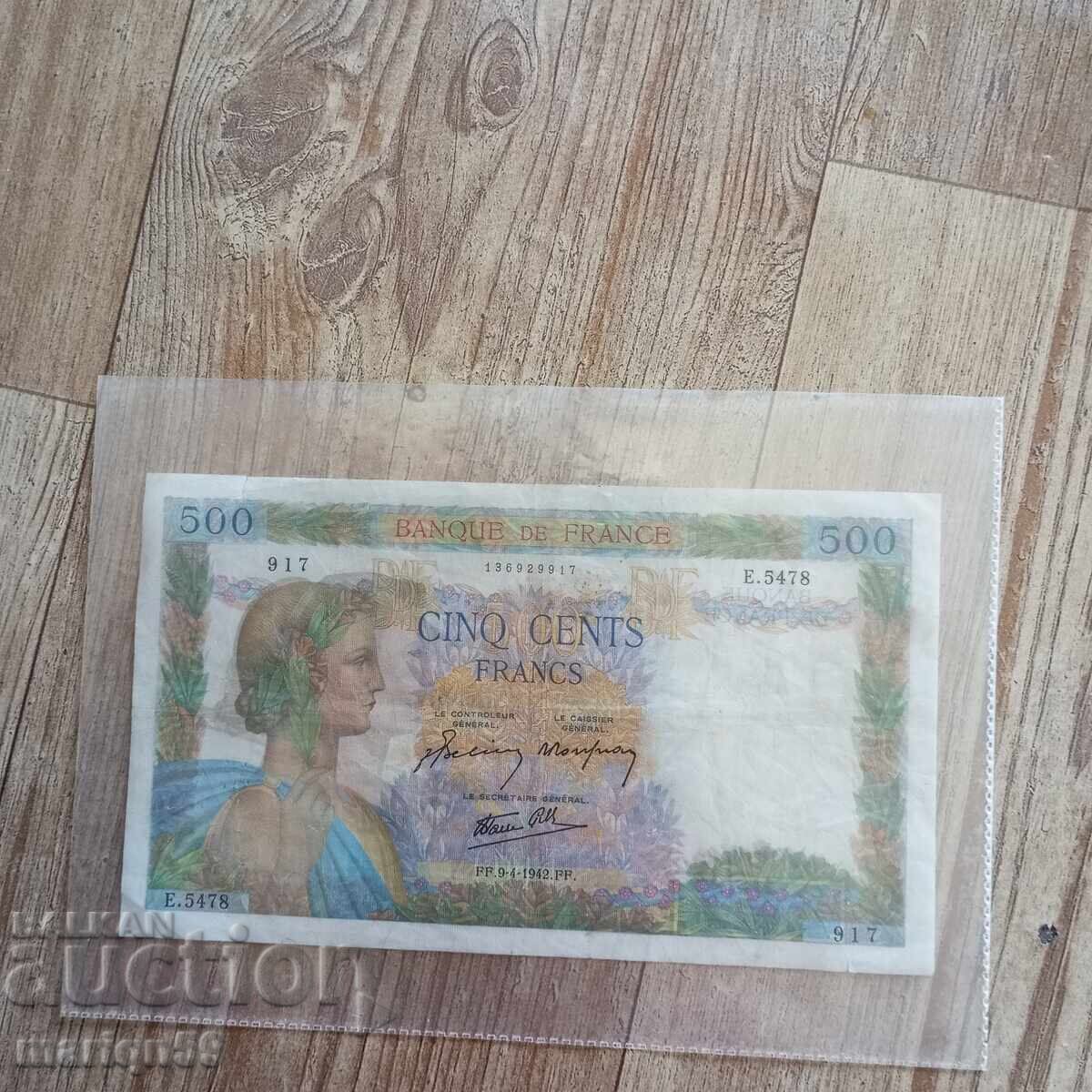 Rară bancnotă de 500 franci - 1942 Rară bancnotă de 500 franci - 1942