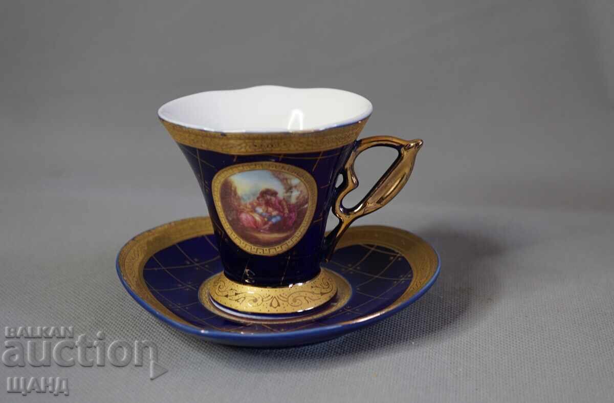 BAVARIA STIL JAPONEZ Ceșcuță din porțelan cu farfurie, bordură aurie