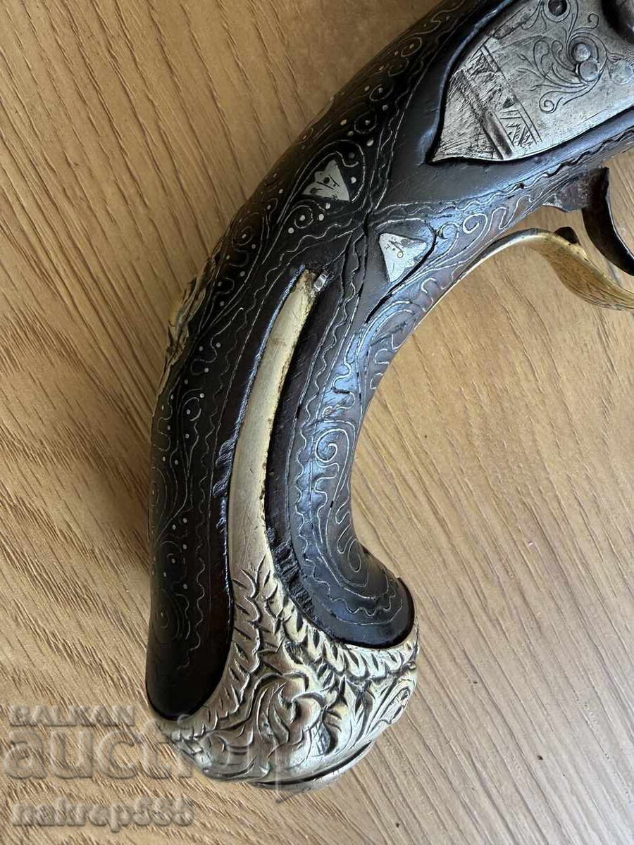Μοναδικό πιστόλι τσακμακόπετρας ασημένιο Αυθεντικό οθωμανικό χαϊδουτικό - 5